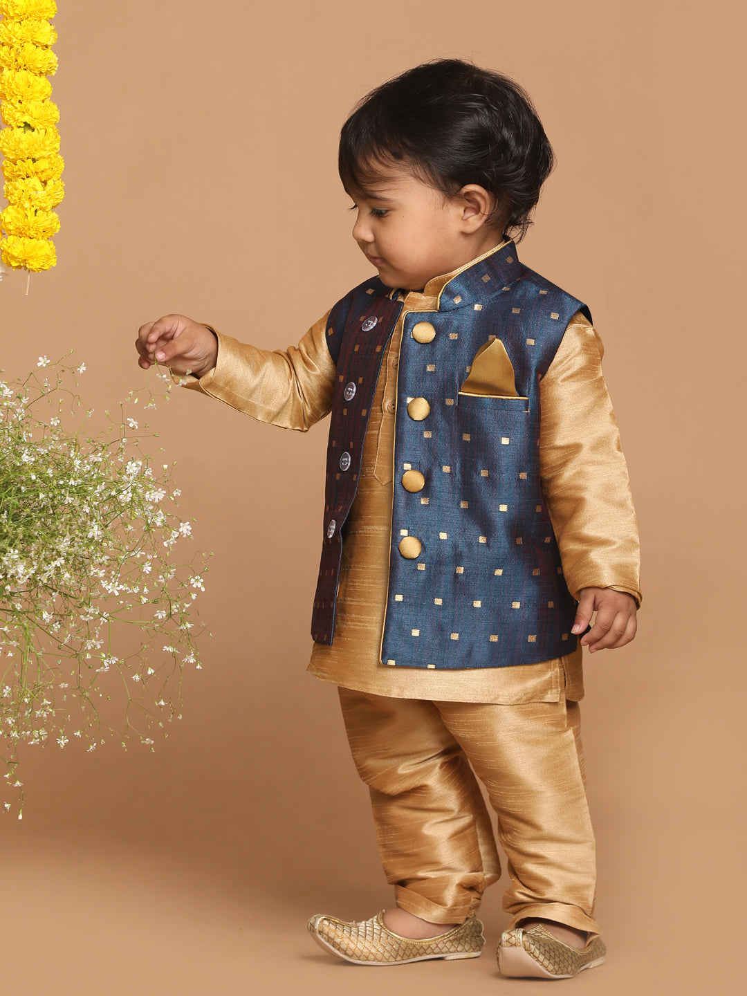 VASTRAMAY SISHU Boy's Rose Gold Kurta Pyjama With Blue Woven Nehru Jacket - qivii