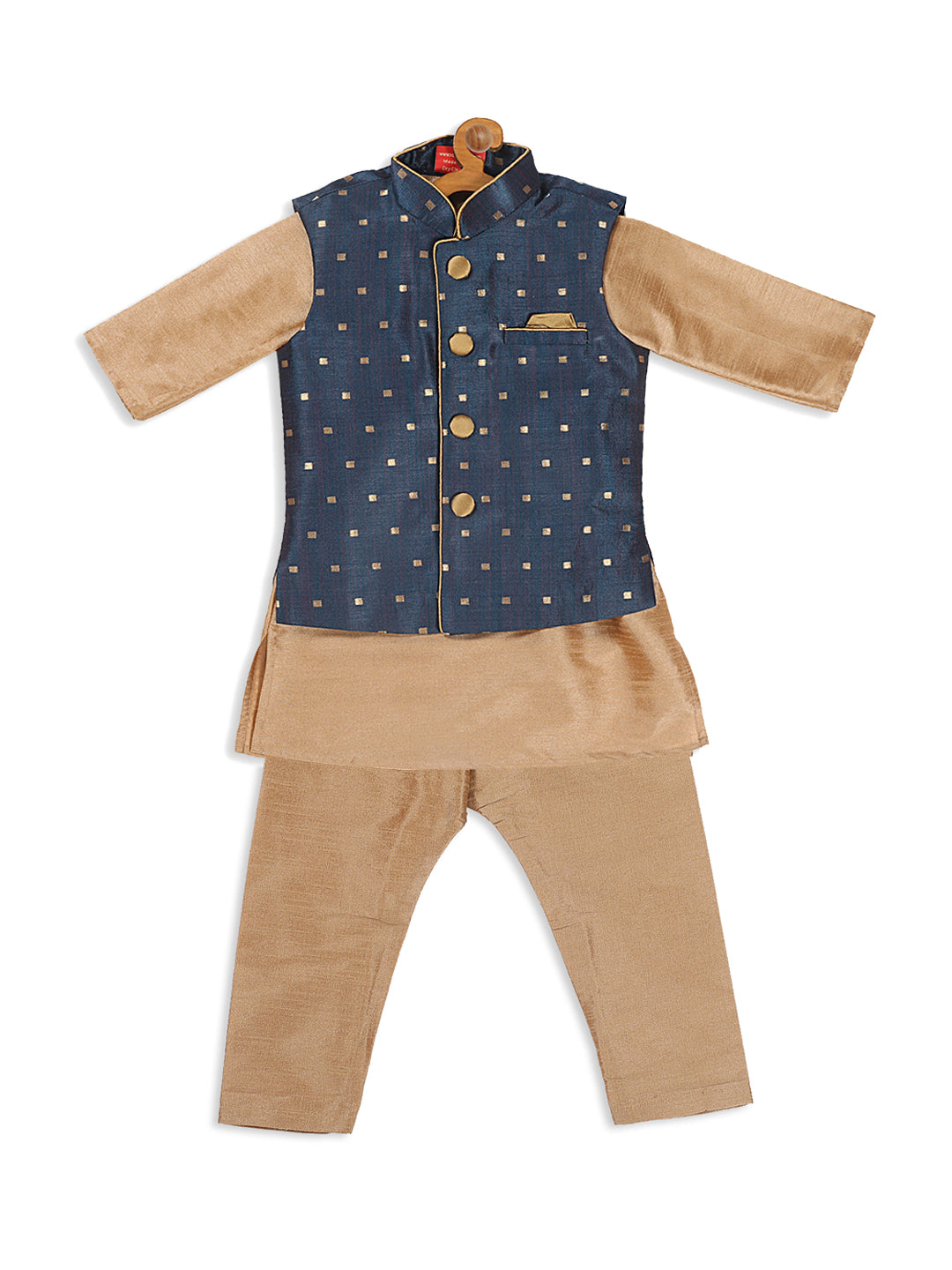 VASTRAMAY SISHU Boy's Rose Gold Kurta Pyjama With Blue Woven Nehru Jacket - qivii