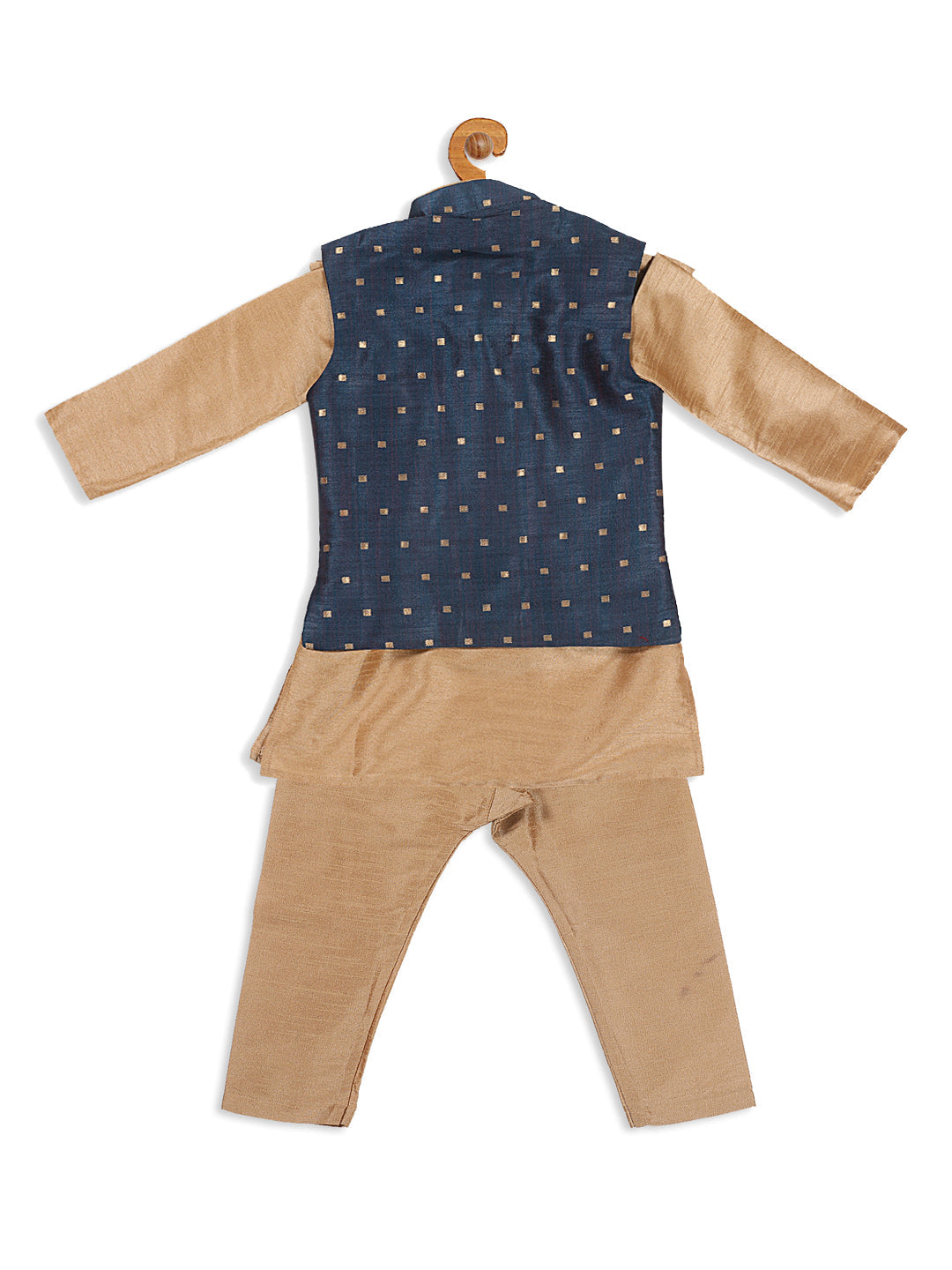 VASTRAMAY SISHU Boy's Rose Gold Kurta Pyjama With Blue Woven Nehru Jacket - qivii