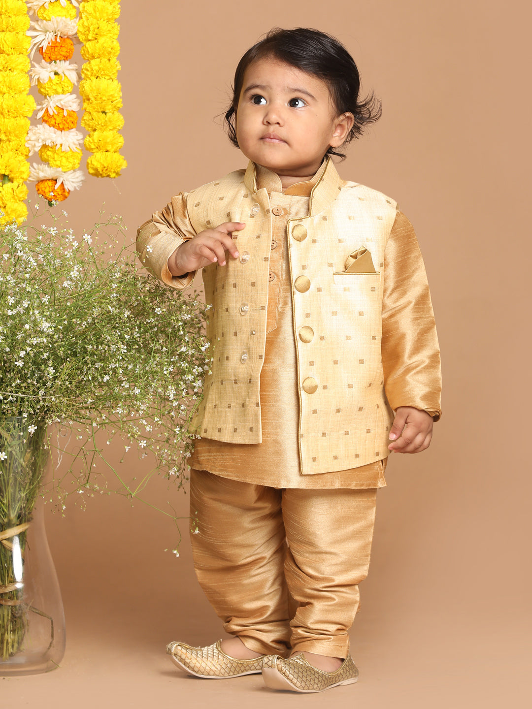 VASTRAMAY SISHU Boys Gold -Toned Woven Design Slim-Fit Nehru Jacket - qivii