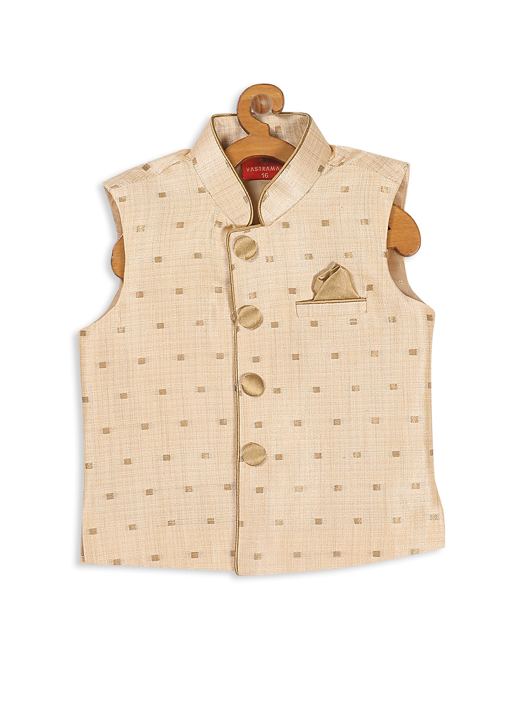 VASTRAMAY SISHU Boys Gold -Toned Woven Design Slim-Fit Nehru Jacket - qivii