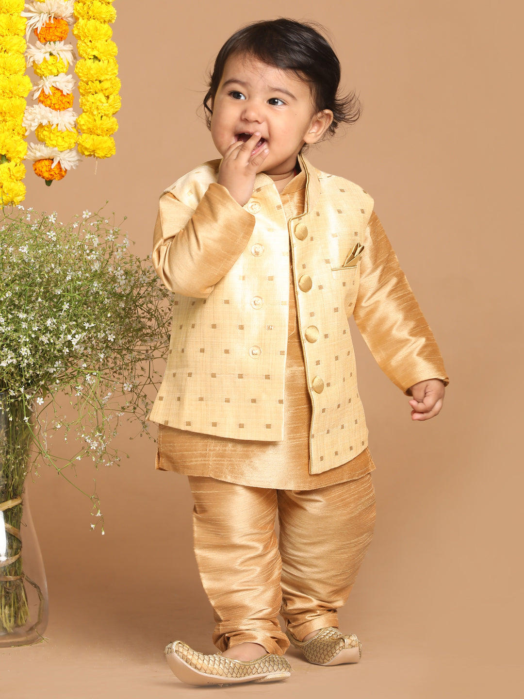 VASTRAMAY SISHU Boy's Rose Gold Kurta And Pajama With Gold Jacket - qivii