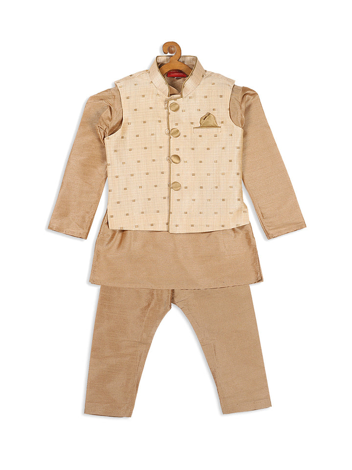 VASTRAMAY SISHU Boy's Rose Gold Kurta And Pajama With Gold Jacket - qivii