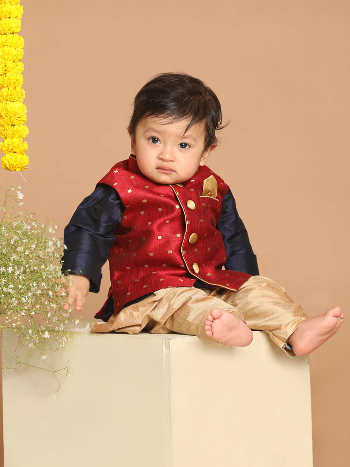 VASTRAMAY SISHU Boy's Maroon & Gold Toned Woven Design Nehru Jacket - qivii