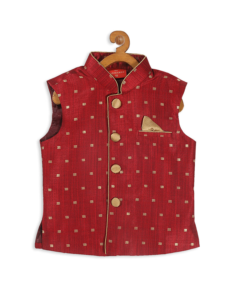 VASTRAMAY SISHU Boy's Maroon & Gold Toned Woven Design Nehru Jacket - qivii