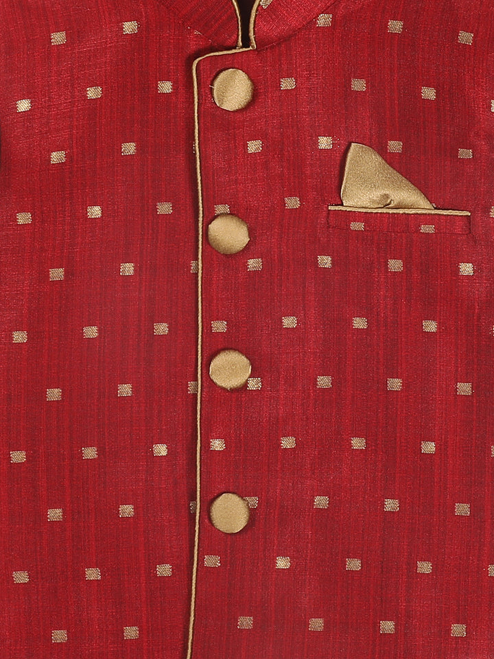 VASTRAMAY SISHU Boy's Maroon & Gold Toned Woven Design Nehru Jacket - qivii