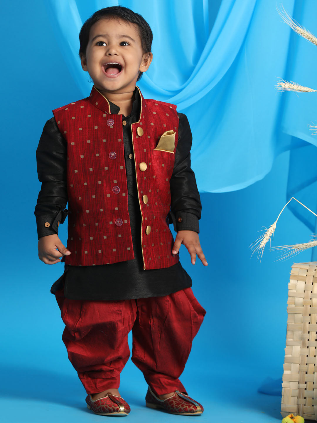 VASTRAMAY SISHU Boy's Maroon Booti Woven Design Slim Fit Nehru Jacket And Black Kurta With Maroon Dhoti Set - qivii