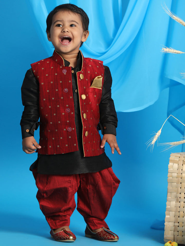 VASTRAMAY SISHU Boy's Maroon Booti Woven Design Slim Fit Nehru Jacket And Black Kurta With Maroon Dhoti Set - qivii