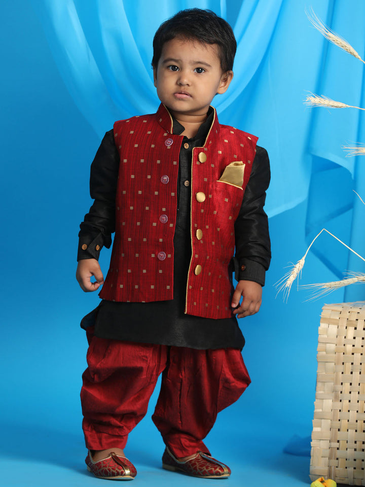 VASTRAMAY SISHU Boy's Maroon Booti Woven Design Slim Fit Nehru Jacket And Black Kurta With Maroon Dhoti Set - qivii