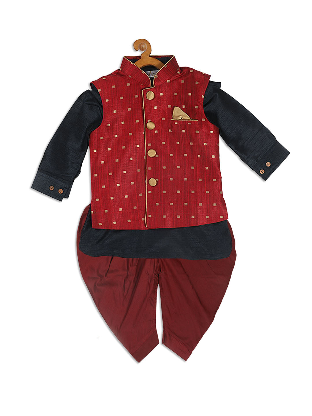 VASTRAMAY SISHU Boy's Maroon Booti Woven Design Slim Fit Nehru Jacket And Black Kurta With Maroon Dhoti Set - qivii