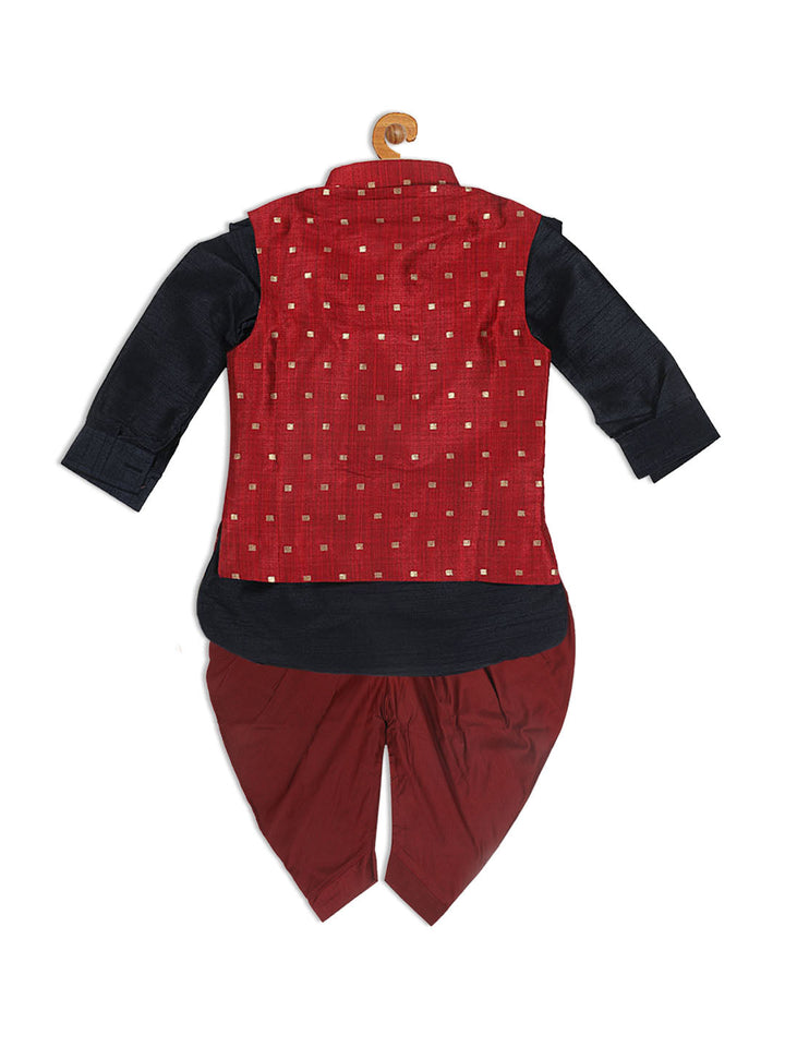 VASTRAMAY SISHU Boy's Maroon Booti Woven Design Slim Fit Nehru Jacket And Black Kurta With Maroon Dhoti Set - qivii