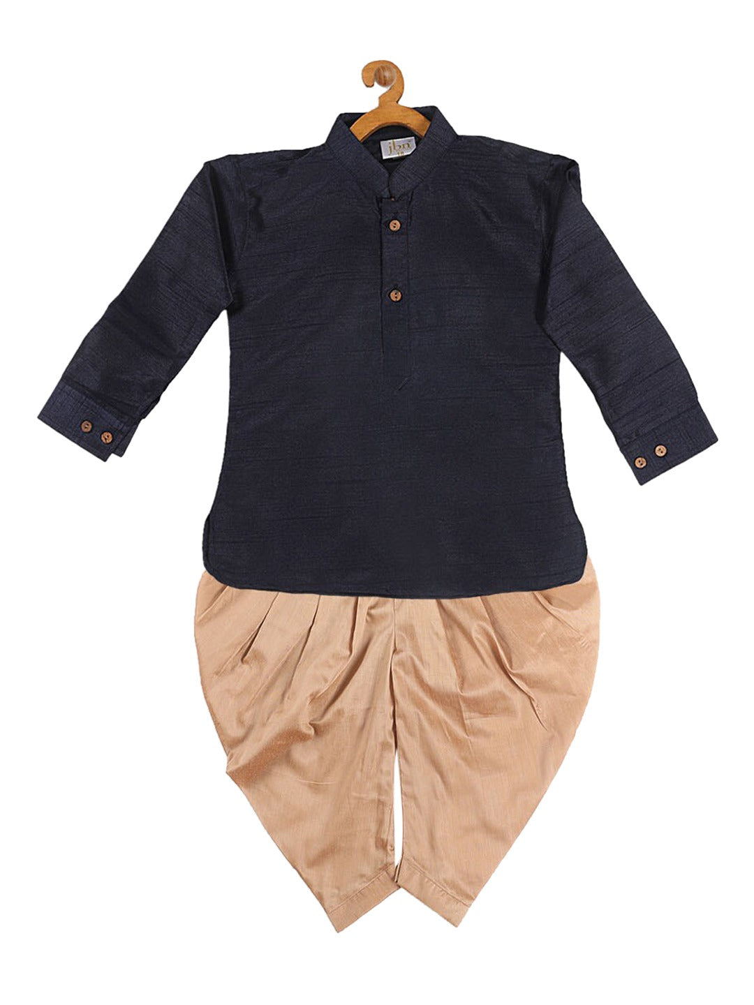 VASTRAMAY SISHU Boy's Navy Blue Kurta with Rose Gold Dhoti Pants & Maroon Nehru Jacket - qivii