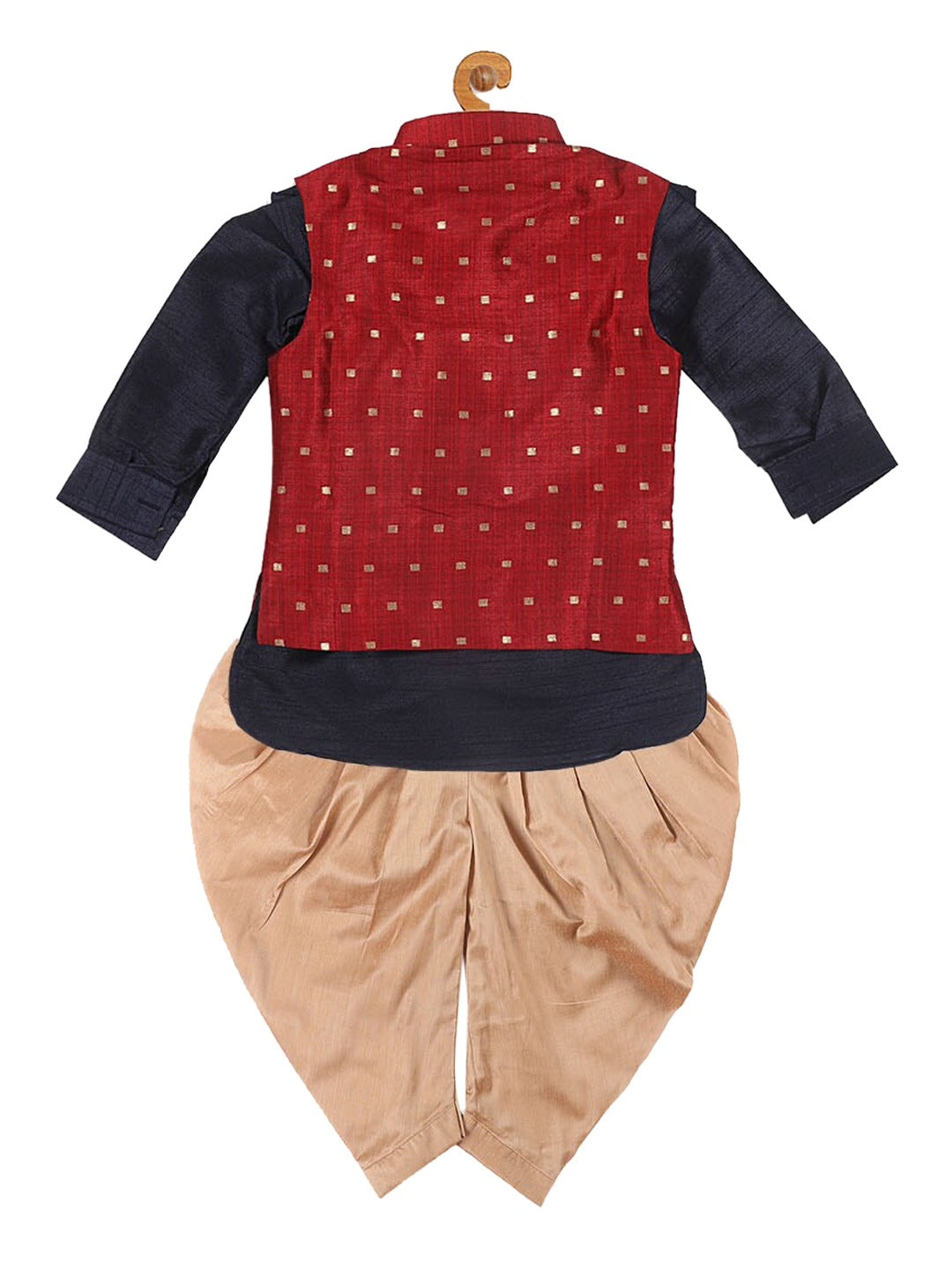 VASTRAMAY SISHU Boy's Navy Blue Kurta with Rose Gold Dhoti Pants & Maroon Nehru Jacket - qivii