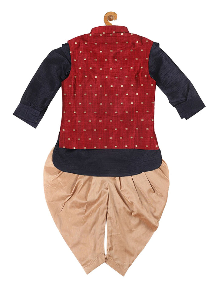 VASTRAMAY SISHU Boy's Navy Blue Kurta with Rose Gold Dhoti Pants & Maroon Nehru Jacket - qivii