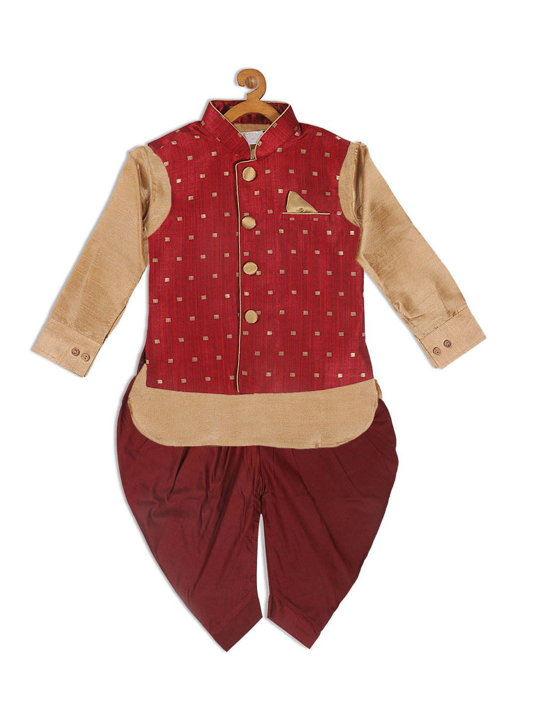 VASTRAMAY SISHU Boy's Maroon Booti Woven Design Slim Fit Nehru Jacket And Rose Gold Kurta With Maroon Dhoti Set - qivii