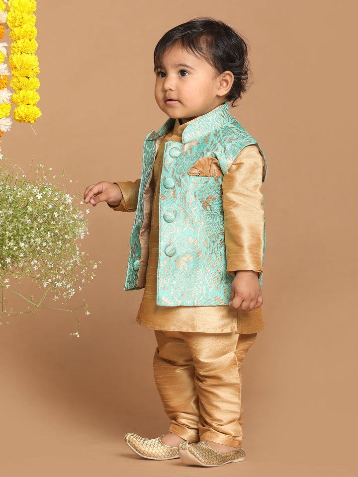 VASTRAMAY SISHU Boy's Green & Gold-Toned Woven Design Slim-Fit Nehru Jacket - qivii