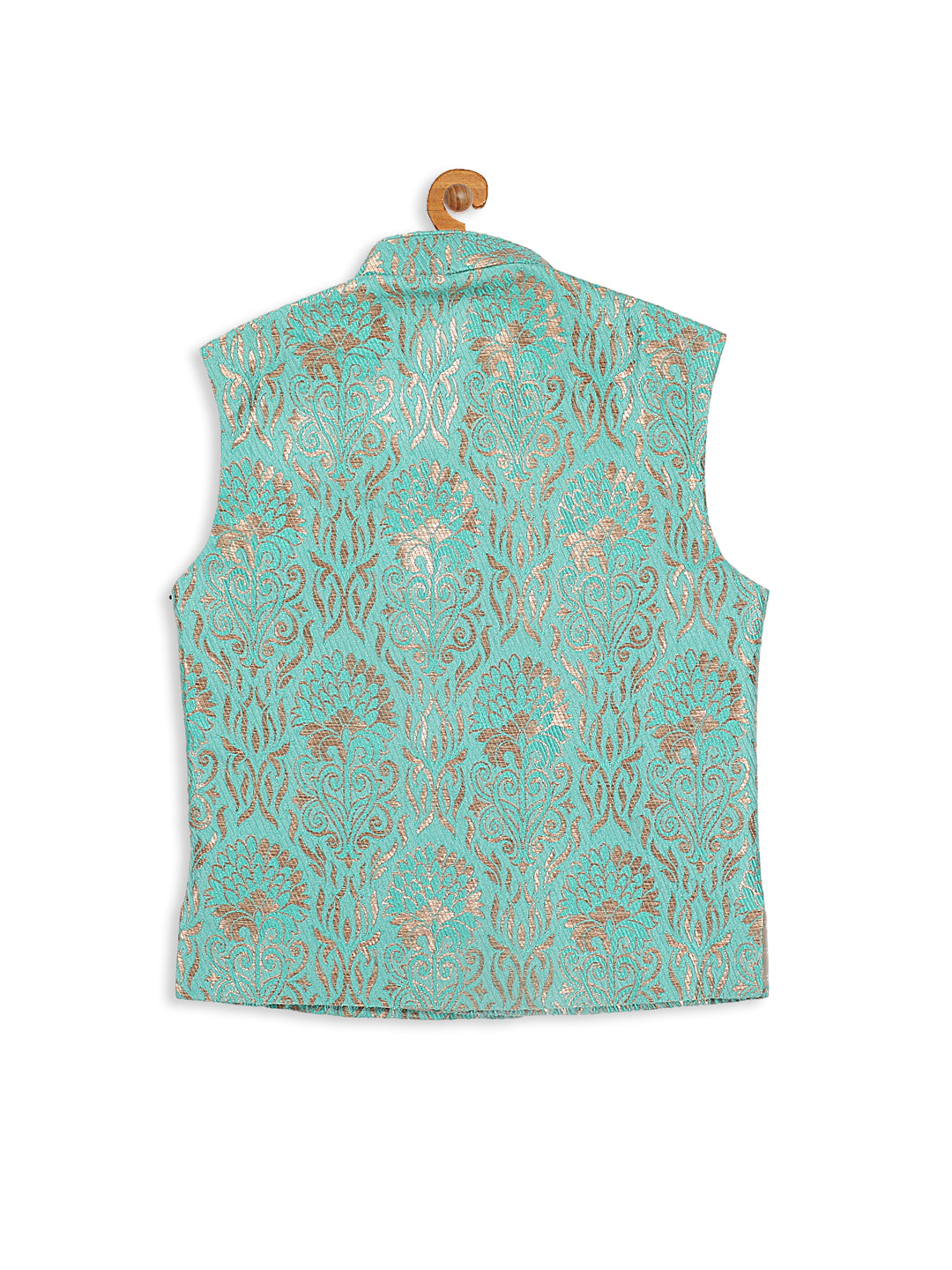 VASTRAMAY SISHU Boy's Green & Gold-Toned Woven Design Slim-Fit Nehru Jacket - qivii