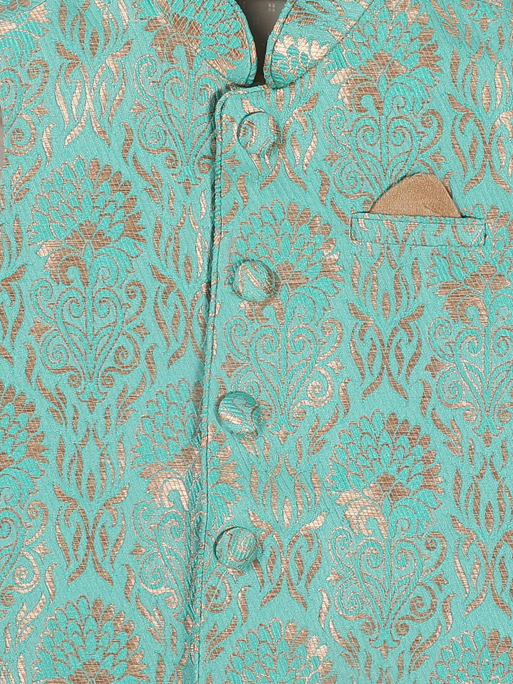 VASTRAMAY SISHU Boy's Green & Gold-Toned Woven Design Slim-Fit Nehru Jacket - qivii