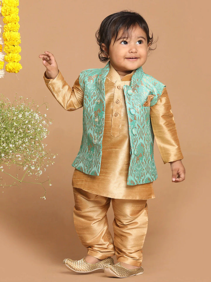 VASTRAMAY SISHU Boy's Rose Gold & Green Kurta Set with Nehru Jacket - qivii