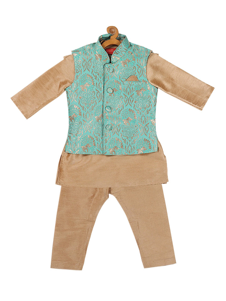 VASTRAMAY SISHU Boy's Rose Gold & Green Kurta Set with Nehru Jacket - qivii