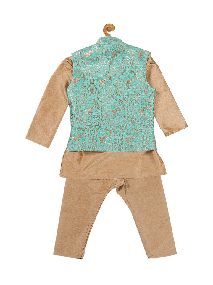 VASTRAMAY SISHU Boy's Rose Gold & Green Kurta Set with Nehru Jacket - qivii