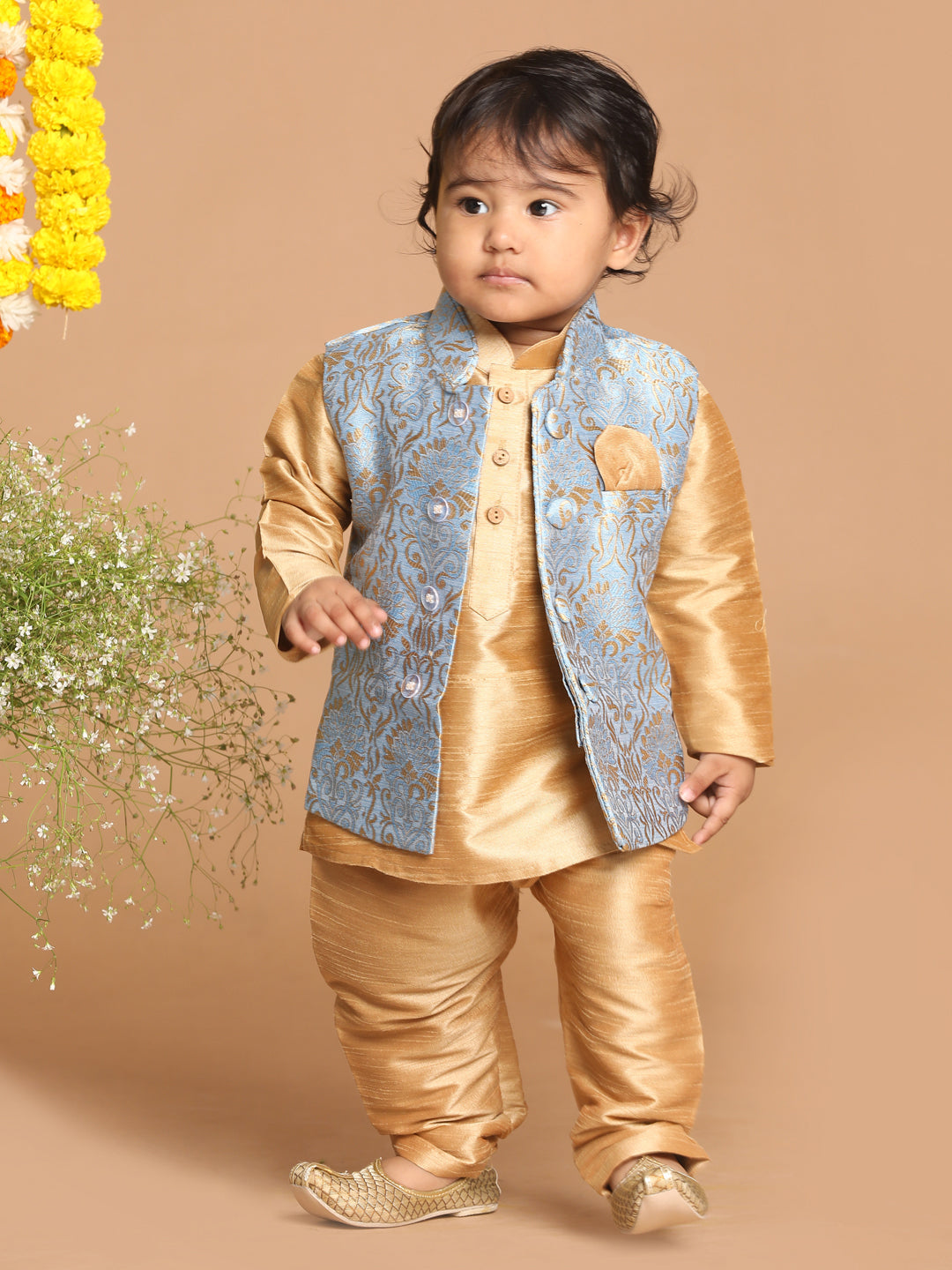 VASTRAMAY SISHU Boy's Rose Gold Kurta Set With Grey Nehru Jacket Set - qivii