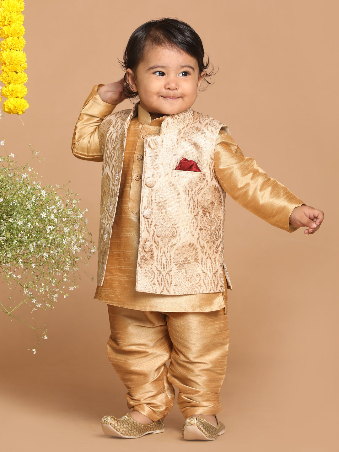VASTRAMAY Boy's Rose Gold Silk Blend Nehru Jacket - qivii