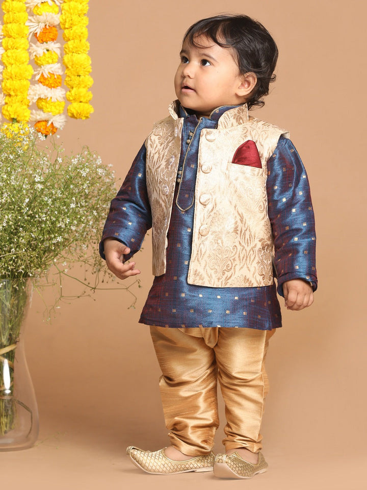 VASTRAMAY Boy's Blue Printed Kurta with Rose Gold Pyjamas & Nehru Jacket - qivii