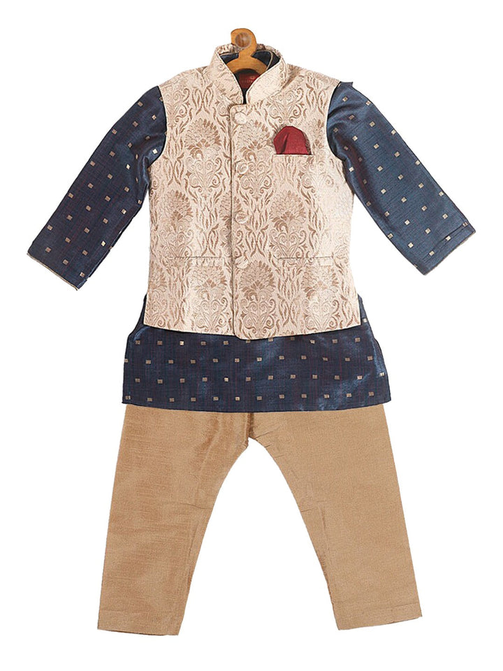 VASTRAMAY Boy's Blue Printed Kurta with Rose Gold Pyjamas & Nehru Jacket - qivii