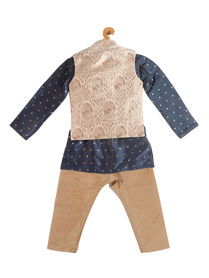 VASTRAMAY Boy's Blue Printed Kurta with Rose Gold Pyjamas & Nehru Jacket - qivii