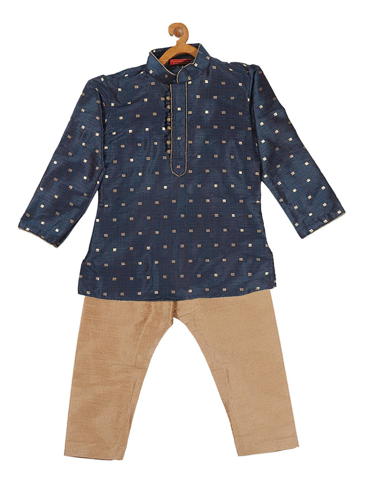 VASTRAMAY Boy's Blue Printed Kurta with Rose Gold Pyjamas & Nehru Jacket - qivii