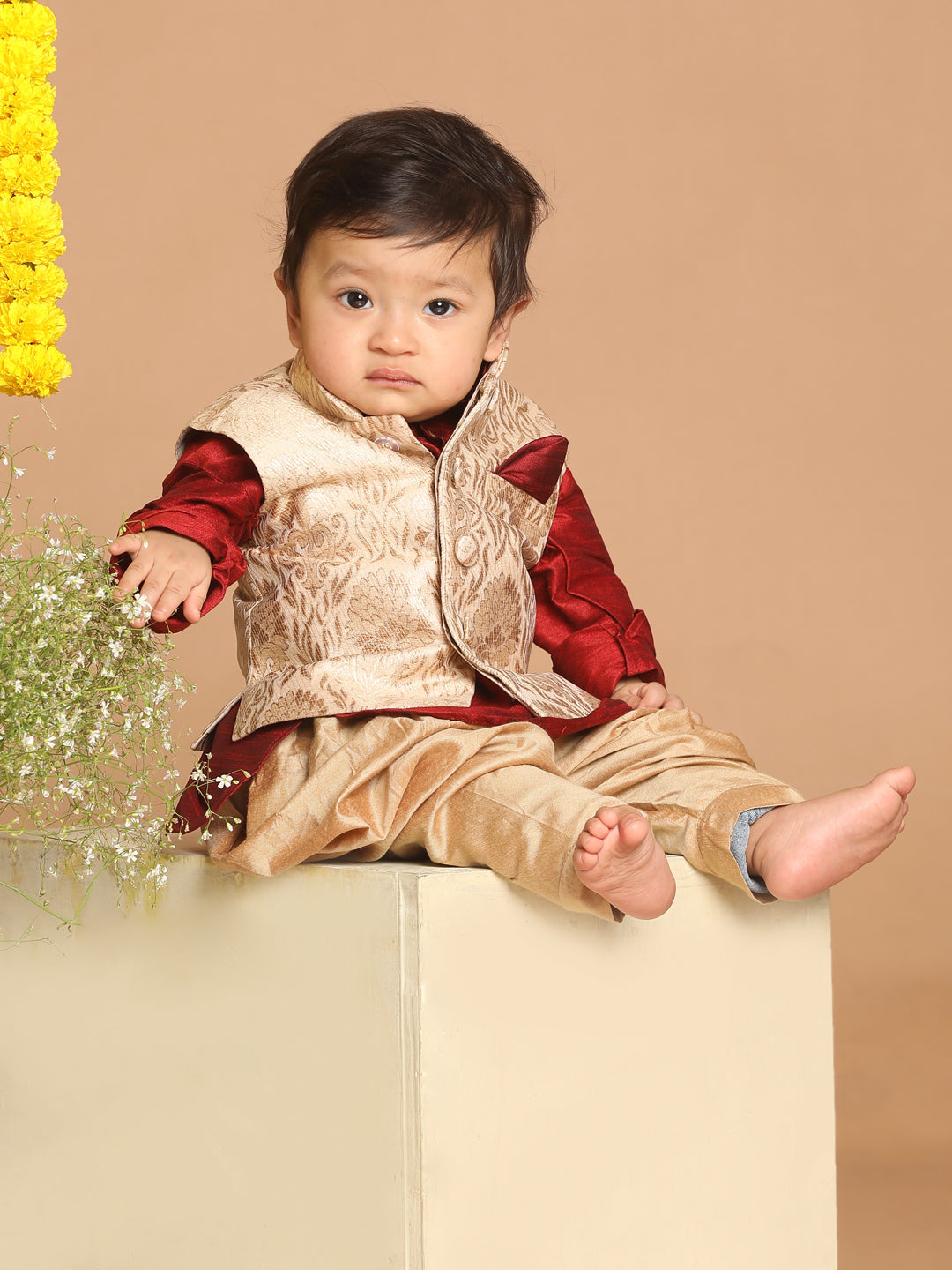 VASTRAMAY Boy's Maroon Kurta With Rose Gold Dhoti Pant & Nehru Jacket Set - qivii