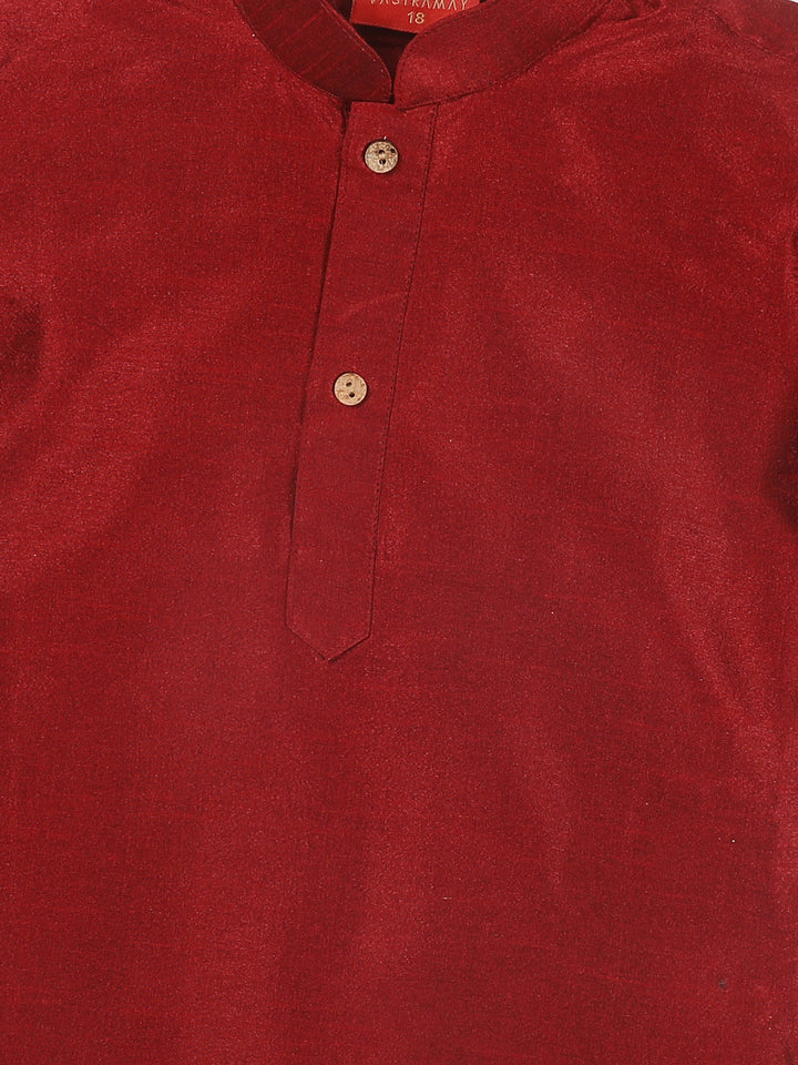 VASTRAMAY Boy's Maroon Kurta With Rose Gold Dhoti Pant & Nehru Jacket Set - qivii