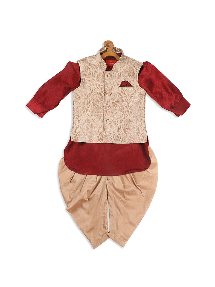 VASTRAMAY Boy's Maroon Kurta With Rose Gold Dhoti Pant & Nehru Jacket Set - qivii