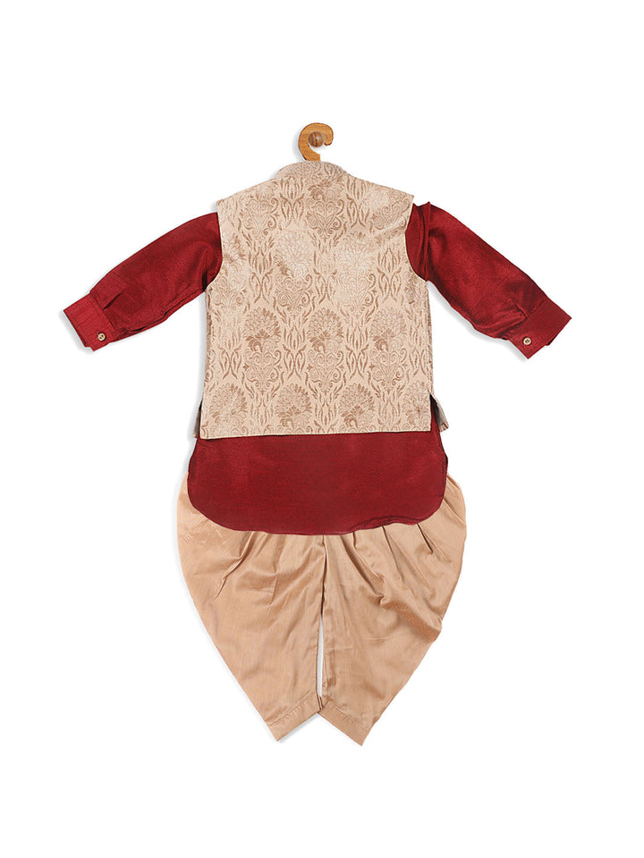 VASTRAMAY Boy's Maroon Kurta With Rose Gold Dhoti Pant & Nehru Jacket Set - qivii
