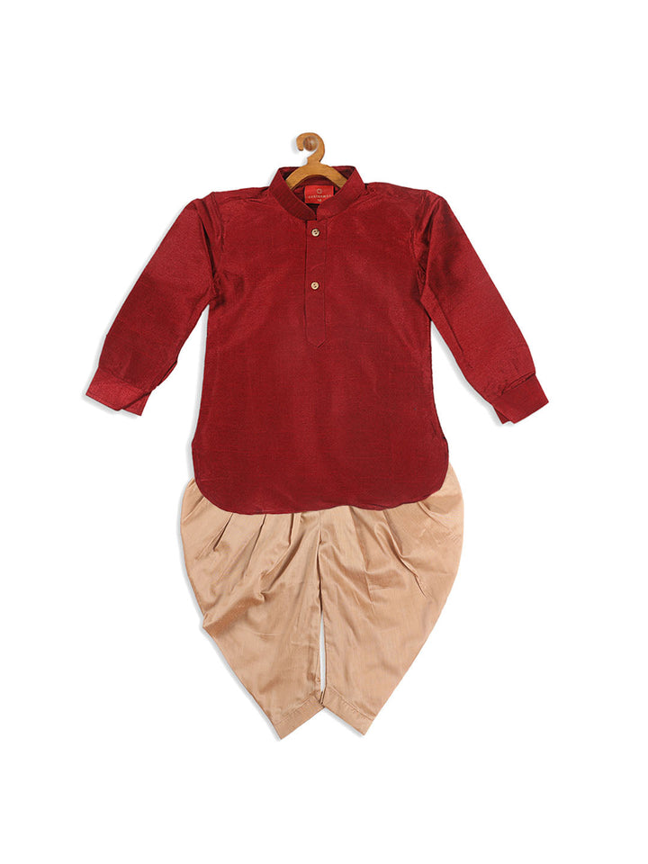VASTRAMAY Boy's Maroon Kurta With Rose Gold Dhoti Pant & Nehru Jacket Set - qivii