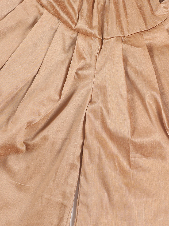 VASTRAMAY Boy's Maroon Kurta With Rose Gold Dhoti Pant & Nehru Jacket Set - qivii