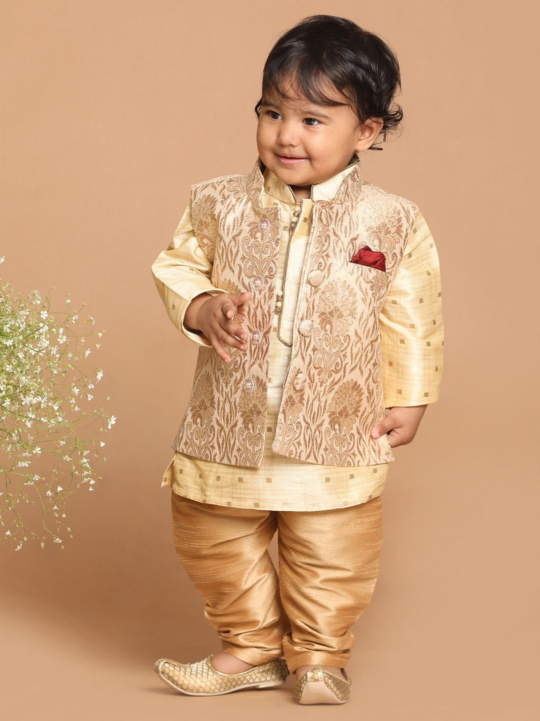 VASTRAMAY SISHU Boy's Beige Ethnic Motifs Printed Kurta with Pyjamas - qivii
