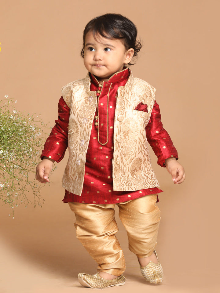 VASTRAMAY SISHU Boy's Maroon Ethnic Motifs Woven Design Kurta with Rose Gold Pyjama And Jacket - qivii