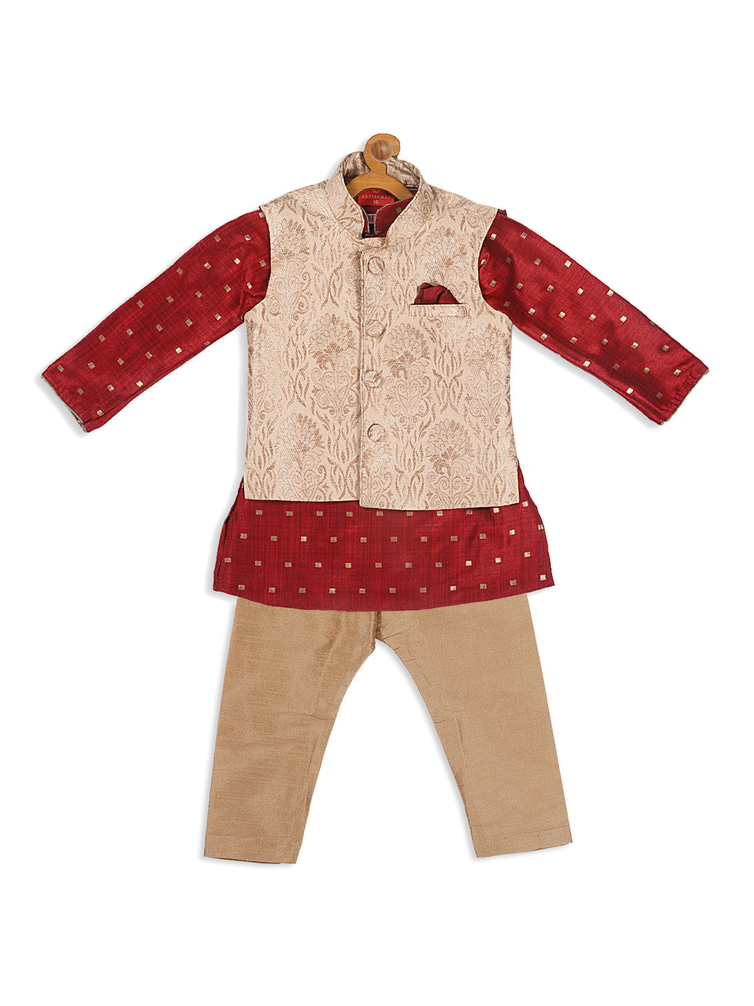 VASTRAMAY SISHU Boy's Maroon Ethnic Motifs Woven Design Kurta with Rose Gold Pyjama And Jacket - qivii