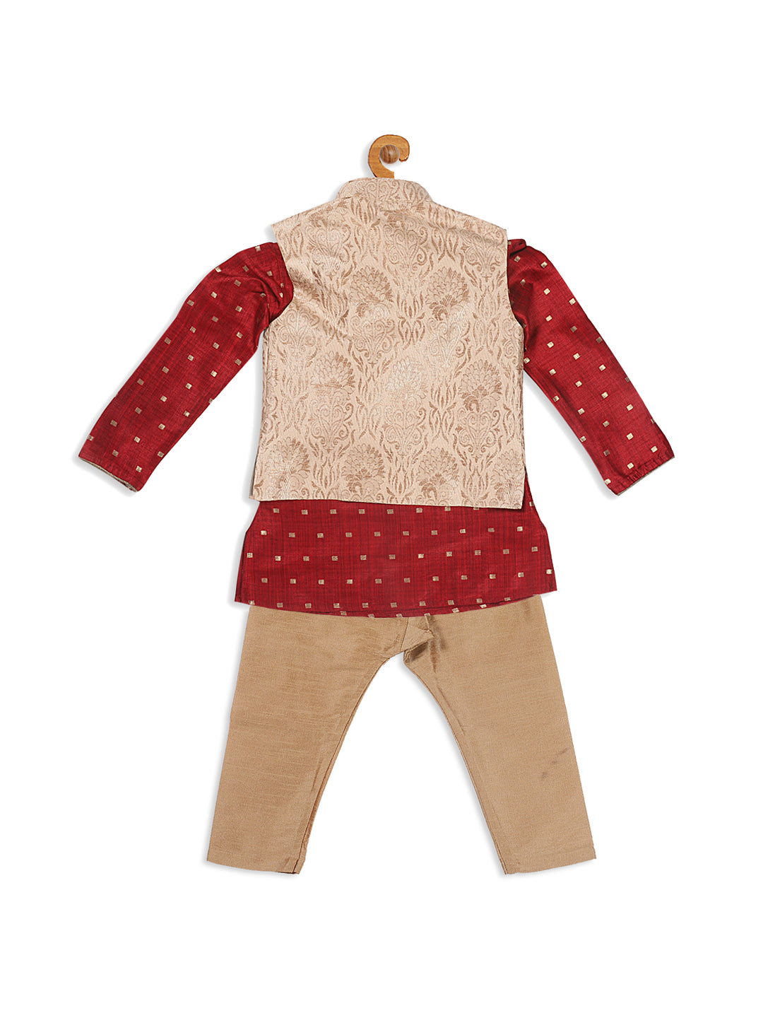 VASTRAMAY SISHU Boy's Maroon Ethnic Motifs Woven Design Kurta with Rose Gold Pyjama And Jacket - qivii