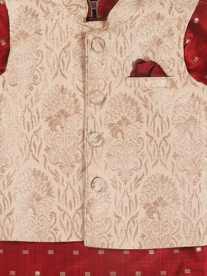 VASTRAMAY SISHU Boy's Maroon Ethnic Motifs Woven Design Kurta with Rose Gold Pyjama And Jacket - qivii