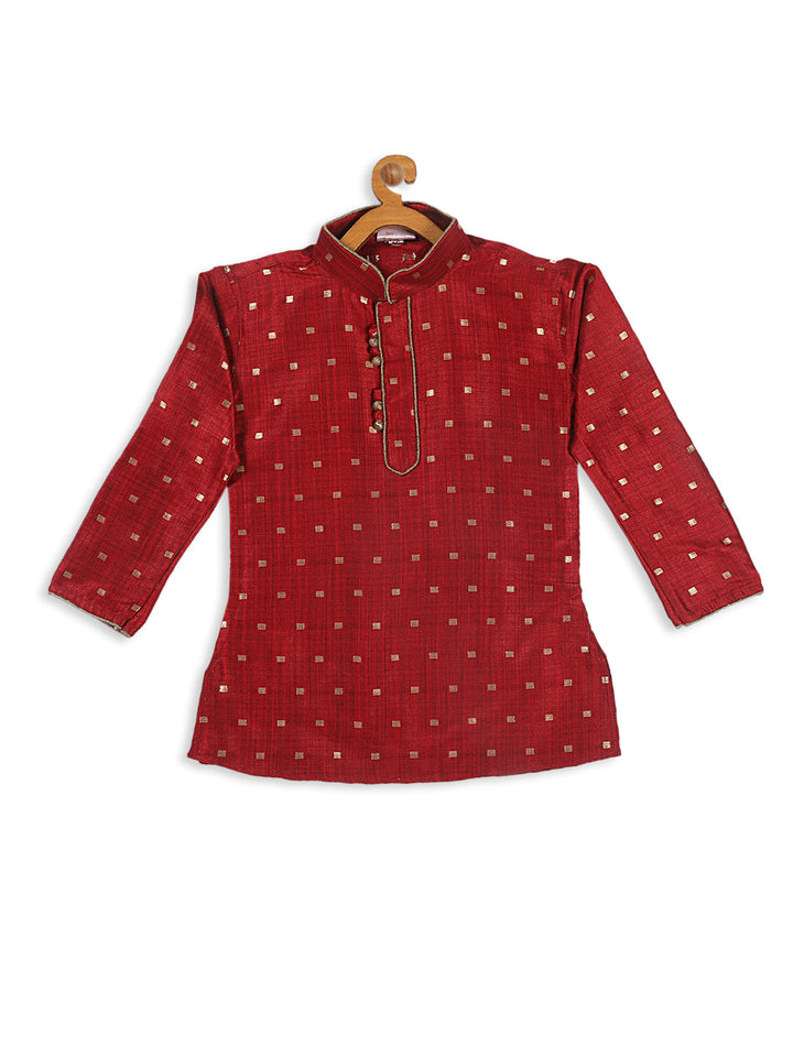 VASTRAMAY SISHU Boy's Maroon Ethnic Motifs Woven Design Kurta with Rose Gold Pyjama And Jacket - qivii