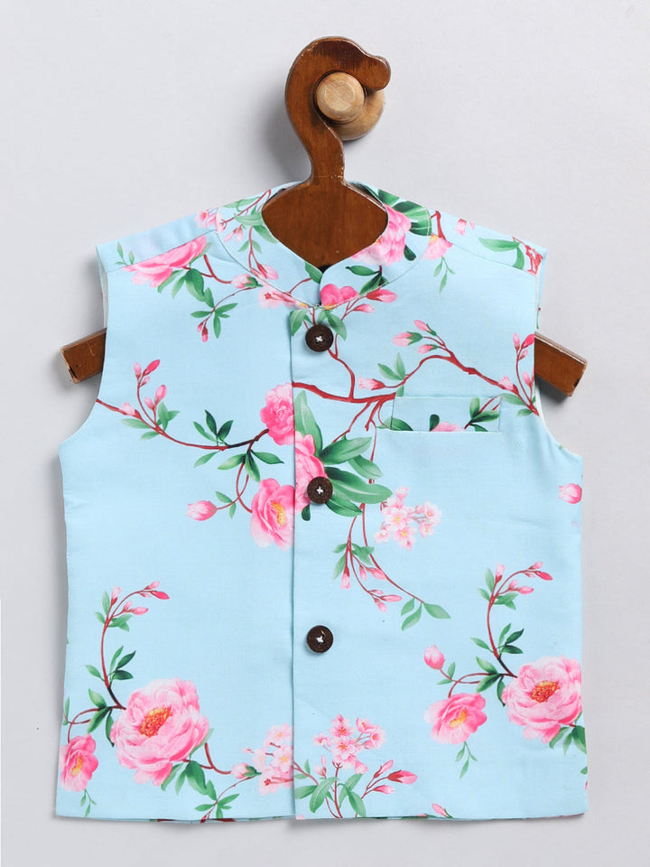VASTRAMAY Boys Aqua Blue Floral Printed Nehru Jacket - qivii