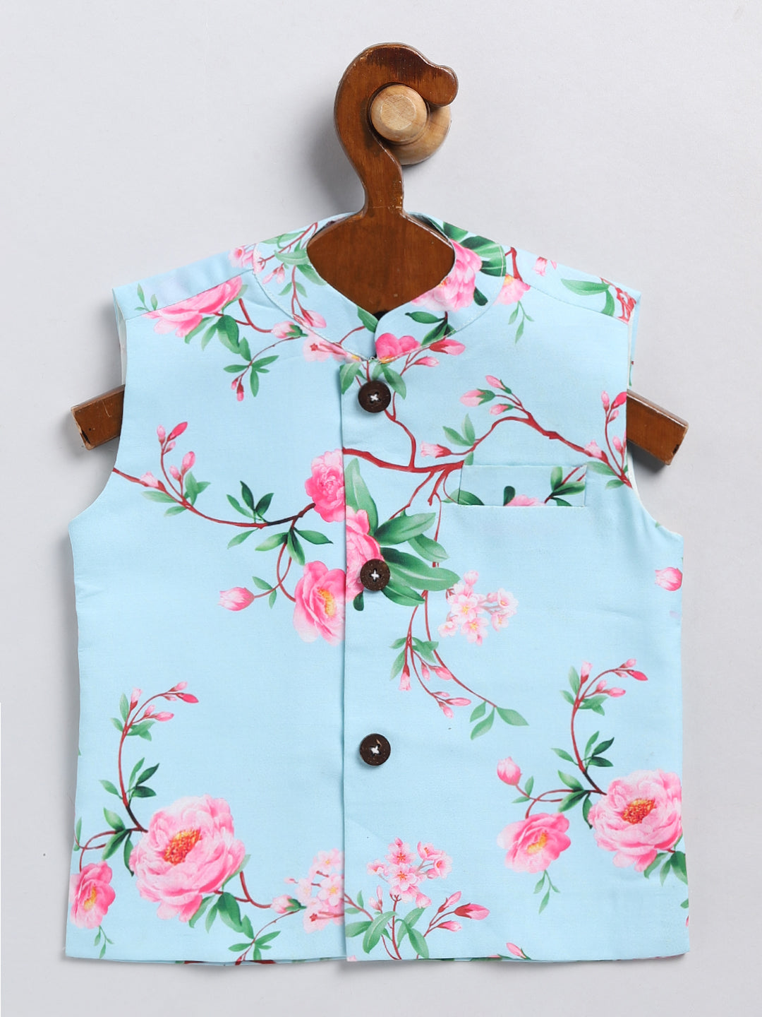 VASTRAMAY Boy's Aqua Blue Floral Silk Blend Nehru Jacket - qivii