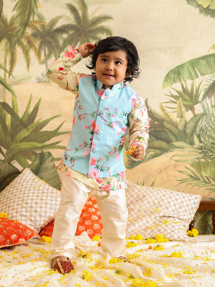 VASTRAMAY Boys' Jacket With Yellow Floral Printed Cotton Kurta Pyjama Set - qivii