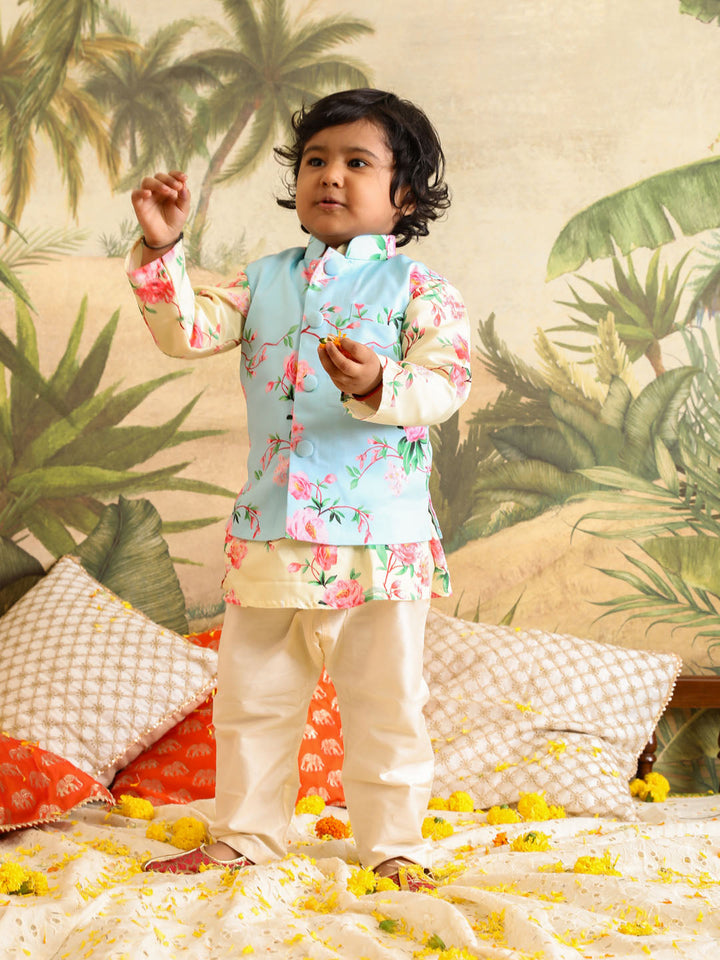 VASTRAMAY Boys' Jacket With Yellow Floral Printed Cotton Kurta Pyjama Set - qivii