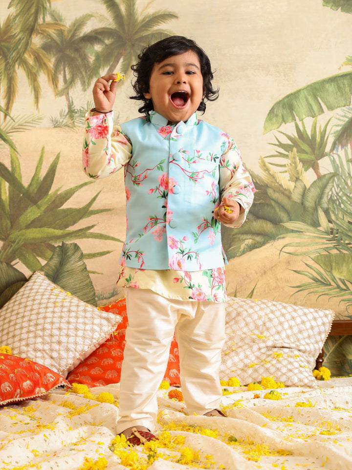 VASTRAMAY Boys' Jacket With Yellow Floral Printed Cotton Kurta Pyjama Set - qivii