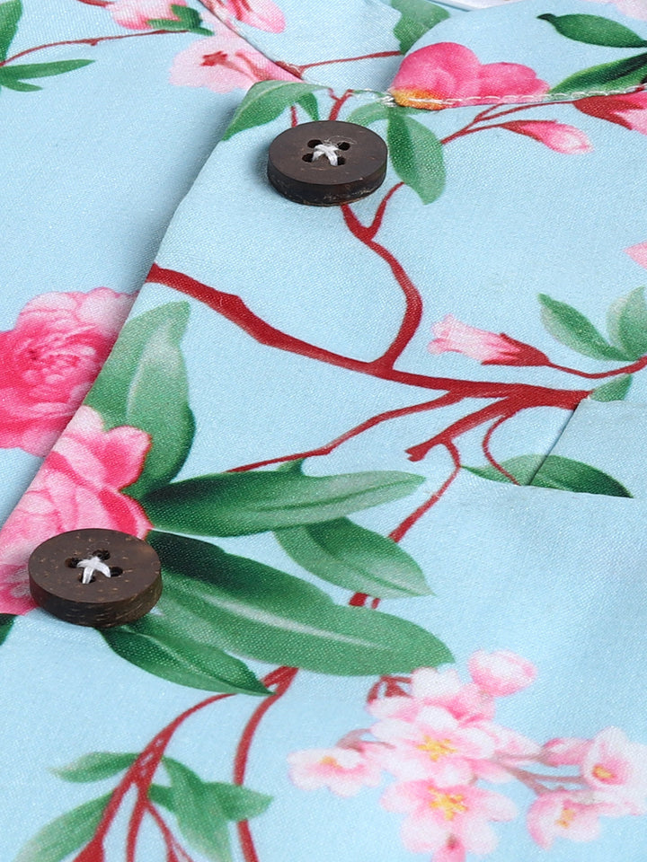 VASTRAMAY Boys' Jacket With Yellow Floral Printed Cotton Kurta Pyjama Set - qivii