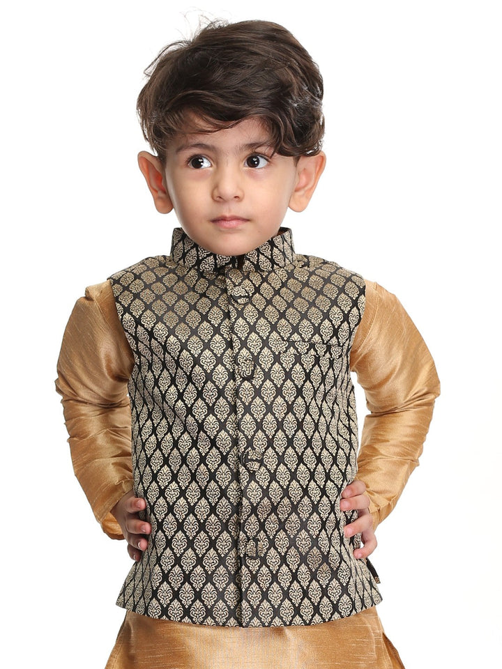 VASTRAMAY SISHU Boy's Black and Gold Silk Blend Nehru Jacket - qivii
